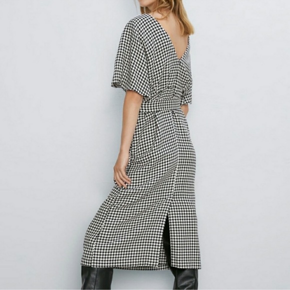 Zara Women Houndstooth Midi Dress Black White Balloon Sleeves Size M - Picture 5 of 16